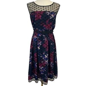 Motherhood Maternity Floral Dress Sz L Navy Blue Pink Sleeveless Knee Length EUC